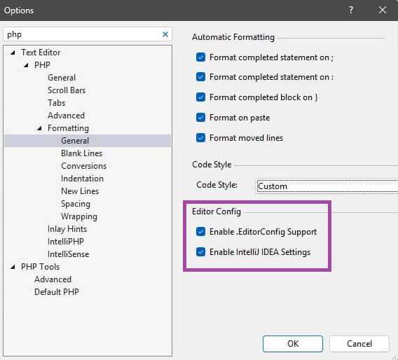 editor config settings