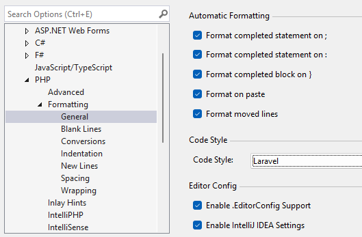 formatting options