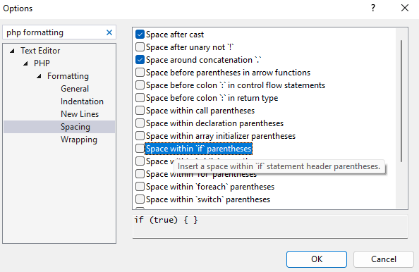 PHP Formatter Spacing Options